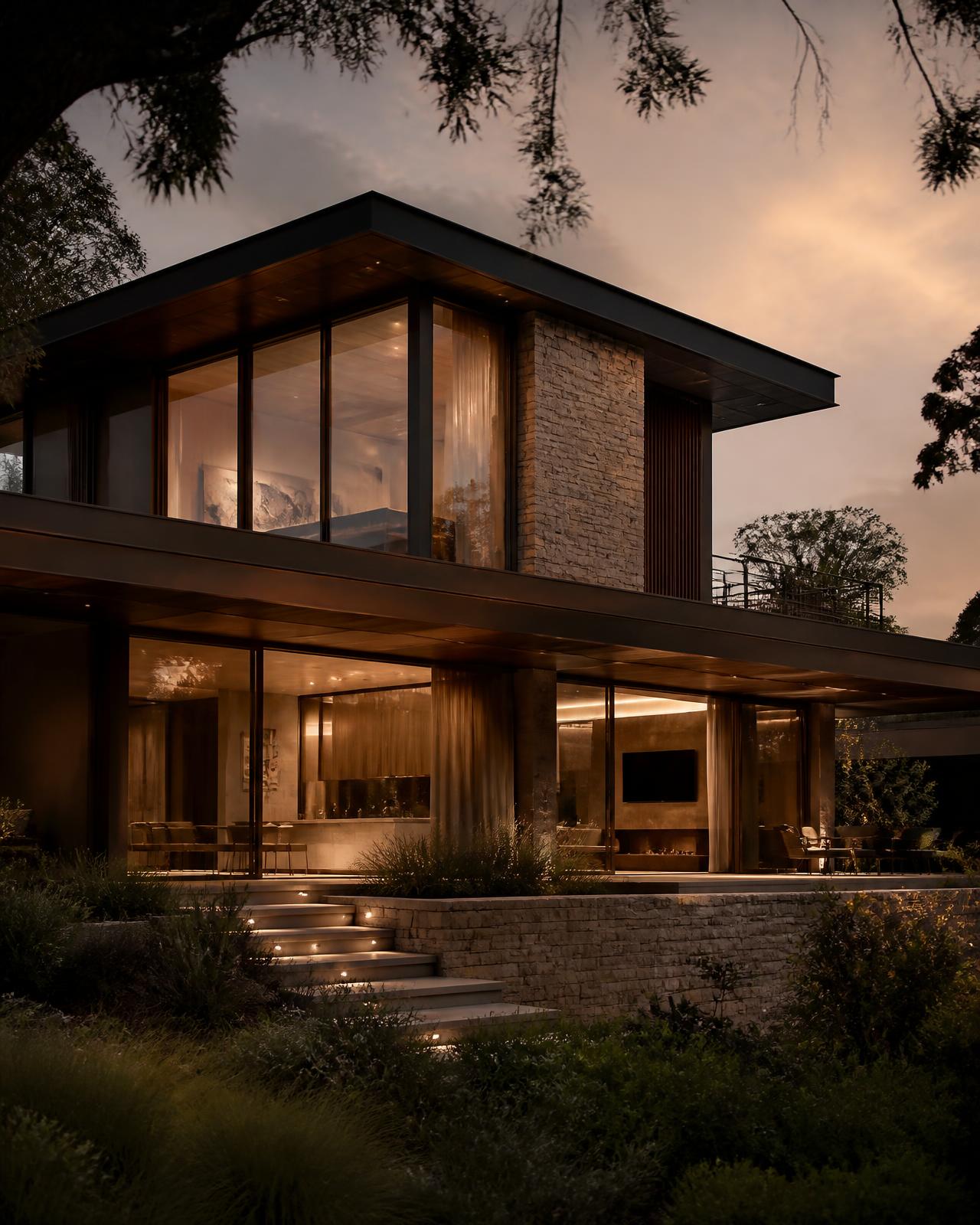 Contemporary Sydney residence at dusk with stone facade and landscaped gardens